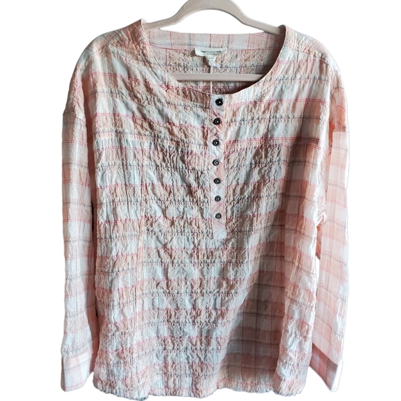 Beachlunchlounge Women's Mia Top Large Long Sleeve Pink Plaid Raw Hem - Picture 4 of 13